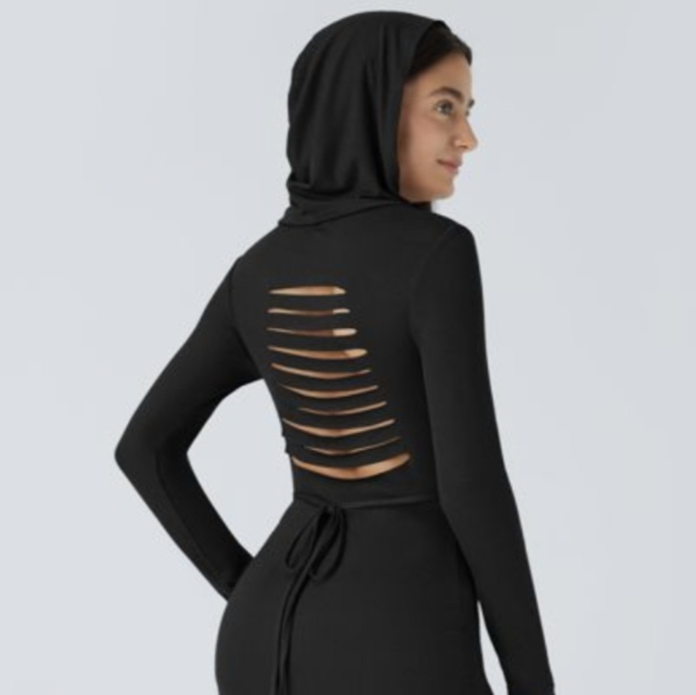 NWT Halara Ribbed Hooded High Neck Cutout Tie Back Long Sleeve Jumpsuit